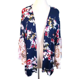 Very J Floral Bell Navy Sleeve Kimono One Size Fits All